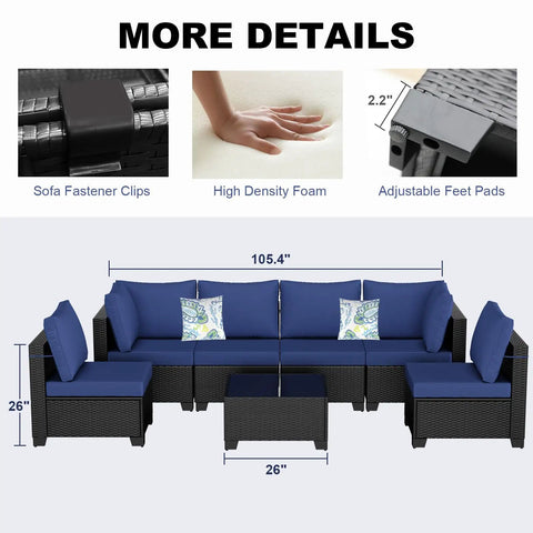 7 Piece Outdoor Patio Sectional Wicker Rattan Set In Coffee Blue With Waterproof Cushions showing dimensions and features