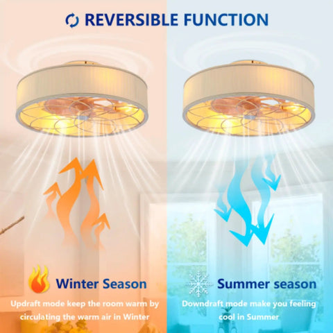 Yunstore mathishome Fabric-Style Bladeless Ceiling Fan with Remote Control showcasing reversible function for winter and summer use.