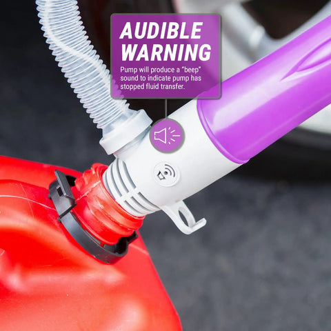 Portable Battery Powered Fuel Transfer Pump With Auto Stop Sensor No Mess 2 Ft Hose 2.4 GPM Flow For Gas And Diesel Easy Fill Loud Beep Alert Requires 2 D Batteries (Not Included) on red fuel can