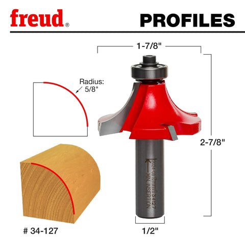 Quadra-Cut Radius Rounding Router Bit With Perma-Shield Coating, 1/2 Inch Shank, 5/8 Inch Radius, 2-7/8 Inch Length, Freud, Profile
