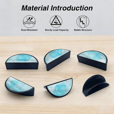Turquoise Fluid Cabinet Handles Pack Of 2 With 3 Inch Hole Center Semicircle Black Drawer Pulls displayed on wood surface