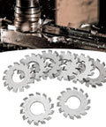 8 Piece Gear Cutter Set HSS Milling Cutters With 20 Degree Pressure Angle, steel cutters on a machining bench top, M1.5, size 5x6mm