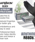 SAFESKIN Black ultralight nitrile gloves, X-Large, 2.0 mil, 100 count, powder-free, latex-free, with boxes.