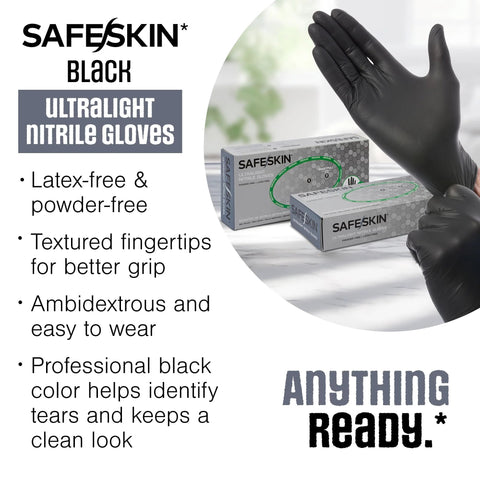 SAFESKIN Black ultralight nitrile gloves, X-Large, 2.0 mil, 100 count, powder-free, latex-free, with boxes.
