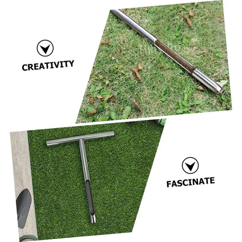 Top view of Stainless Steel T Handle Soil Sampler Probe Core for Lawn Garden showing anti-slip handle on grass.