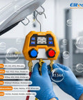 Digital Manifold Gauge For HVAC And Refrigeration Systems With 3 Ports LCD Display, technician operating under car hood.