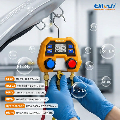 Digital Manifold Gauge For HVAC And Refrigeration Systems With 3 Ports LCD Display, technician operating under car hood.
