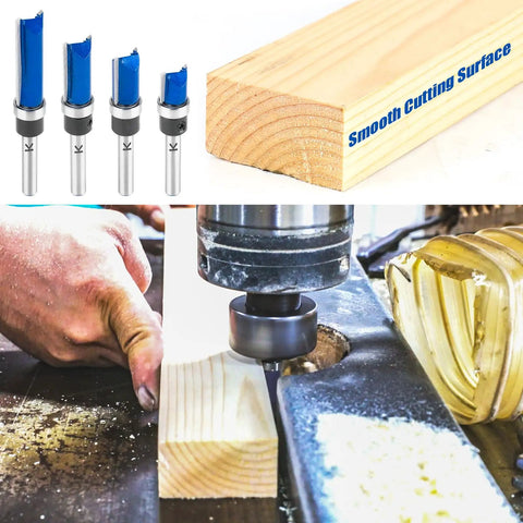 Four Piece Set Of Tough As Nails Tungsten Carbide Flush Trim Router Bits With 1/4 Inch Guided Shank For Slick Woodworking Cuts Perfect For Millwork Shop on a woodworking surface.