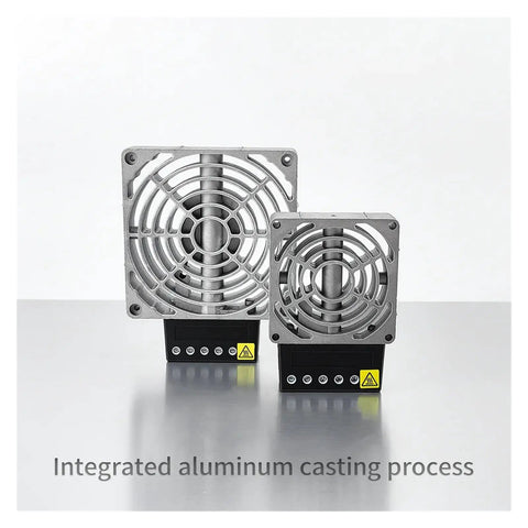 Compact Cast Aluminum Electric Air Heater With Industrial Distribution Box, showing aluminum casing and efficient design.