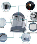 Diagram of Outdoor Privacy Shower Tent With Dressing Room And Portable Toilet, highlighting features like mesh pocket, towel rod, and more.