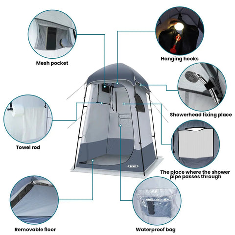 Diagram of Outdoor Privacy Shower Tent With Dressing Room And Portable Toilet, highlighting features like mesh pocket, towel rod, and more.