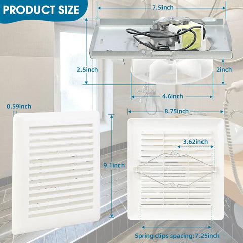 696N R02 B Unit Replacement with C350GN Grille and 50 CFM Motor Kit, components displayed with size dimensions in bathroom setting.