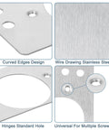 Close-up view of 4 Pack Hinge Repair Plate Kit for Cabinets and Doors, Stainless Steel, 90x47mm hinge brackets, detailing design and holes.