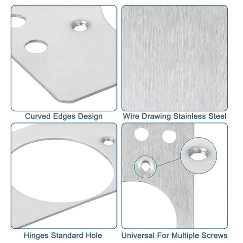 Close-up view of 4 Pack Hinge Repair Plate Kit for Cabinets and Doors, Stainless Steel, 90x47mm hinge brackets, detailing design and holes.
