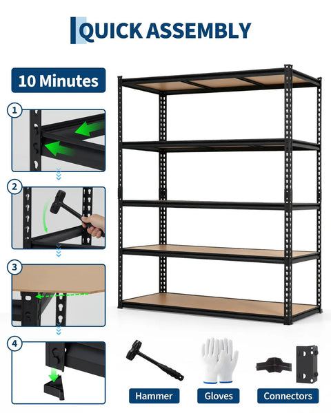 Beefy 5-Tier Steel Shelving Unit With 60 Inch Wide 24 Inch Deep 72 Inch High Carbon Steel Frame Holds Up To 2,500 Lbs Total Capacity With 500 Lbs Per Shelf For Heavy Tools Boxes And Large Equipment., quick assembly instructions