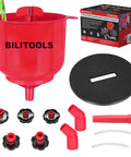 Premium Coolant Funnel Kit With Integrated Vacuum Bleed Tank For Smooth Radiator Fluid Top Off And Trap Free Air Purge, red funnel and adapters.