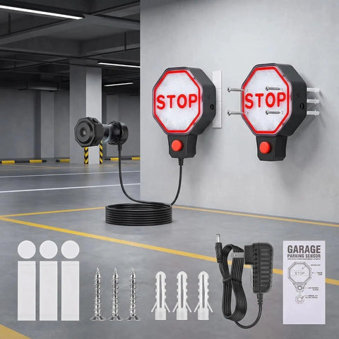 Plug And Play Garage Parking Sensor With LED Stop Indicator, ultrasonic wall-mounted stop sign with power adapter and install kit