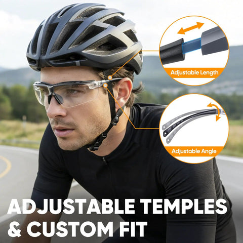 Cyclist wearing Anti Fog Safety Glasses For Men And Women, ANSI Z87.1 Approved, Scratch Resistant Eye Protection With Adjustable Arms.