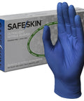 Front view of Safeskin Ultralight Nitrile Gloves box; blue large size glove shown