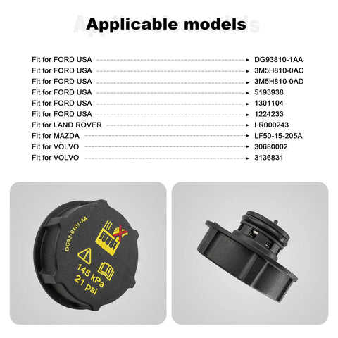 Coolant Reservoir Cap Replacement Fits Mustang GT F150 EcoBoost V6 V8, Lincoln MKZ, Escape 2013-2019, Land Rover Volvo 2020-2021, Coolant Overflow Cap Cold Case Radiator Cap DG93-8101-AA, front and side view