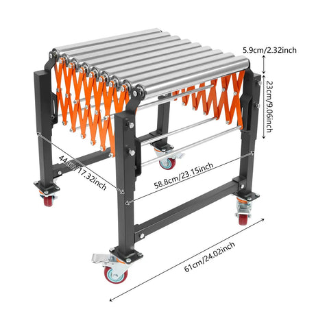 Hardcore Adjustable Roller Conveyor Table, 176 Lb Heavy Duty Expandable Belt With Wheels, Easy Roll Transport Rig For Warehouses, Docks, Stores And Shipping Hubs with detailed dimensions.