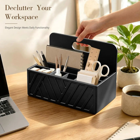 Black six slot desk mail organizer countertop caddy with two wide compartments for A4 files and office accessories.