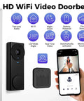 Wireless Wi Fi Video Doorbell Camera With Night Vision And Two Way Audio, HD Live Monitoring, shown with smartphone app