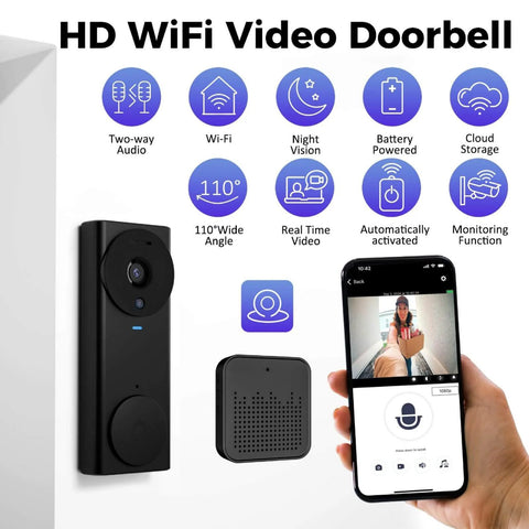 Wireless Wi Fi Video Doorbell Camera With Night Vision And Two Way Audio, HD Live Monitoring, shown with smartphone app