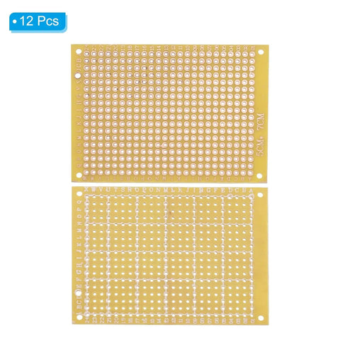 12 Pack 2 By 2.8 Inch Single Sided PCB Prototyping Boards For DIY Electronics Projects Yellow Copper Plated FR4 Solderable Breadboard With 0.1 Inch Pitch, front and back view
