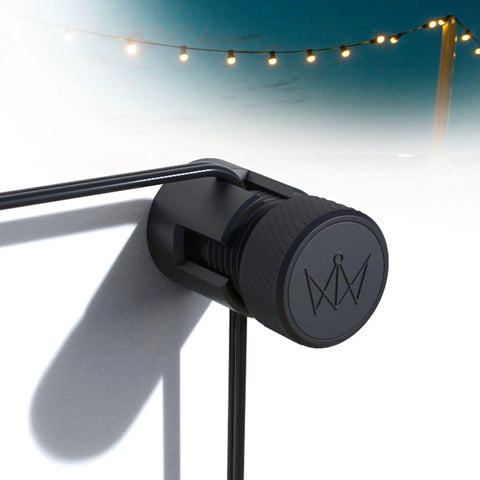 Black mini compression anchor for easy drill installed hangs, no fuss quick secure hold for lights, shown with twinkle string lights.