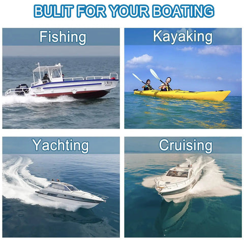 Collage showing fishing, kayaking, yachting, cruising boats on water, relevant for Outboard Fuel Pump Kit For 30-300HP Two-Stroke Marine Engines.