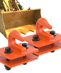 Two Pack 3/8 Inch Tractor Bucket Grab Hooks With Backer Plate on loader, Grade 70 forged steel bolt-on hooks for heavy-duty use