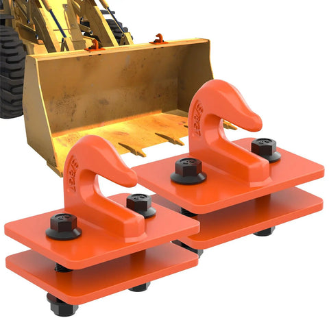 Two Pack 3/8 Inch Tractor Bucket Grab Hooks With Backer Plate on loader, Grade 70 forged steel bolt-on hooks for heavy-duty use