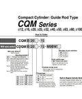 Compact Guide Rod Air Cylinder Pneumatic Actuator CQM series diagram detailing sizes and ordering information for automation projects.