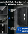 Rock Solid EV Charger Enclosure Box Featuring Quick Set Combo Lock Wall Mount Weatherproof Shield for Garage Driveway and Public Electric Car Plug Safe Zones, showing premium steel construction with rain droplets.