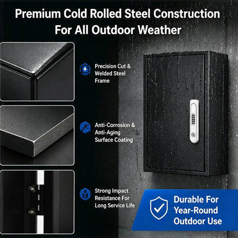 Rock Solid EV Charger Enclosure Box Featuring Quick Set Combo Lock Wall Mount Weatherproof Shield for Garage Driveway and Public Electric Car Plug Safe Zones, showing premium steel construction with rain droplets.