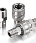 Three stainless steel NPT 3/8 in male/female quick-connect adapters for pressure washers, angled view