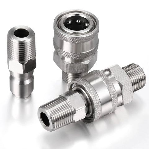 Three stainless steel NPT 3/8 in male/female quick-connect adapters for pressure washers, angled view