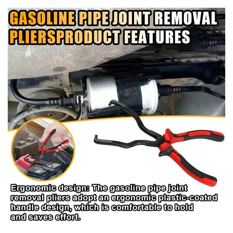 Fuel Line Pliers Quick Disconnect Tool For Gas Hose Clips next to a car fuel line, red handle, carbon steel material