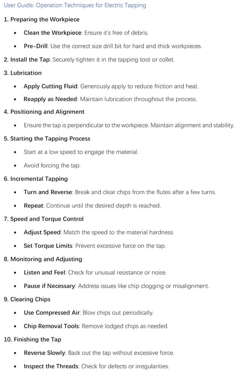 User Guide: Operation Techniques for Electric Tapping showing steps for pre-drilling, lubrication, alignment, and clearing chips.