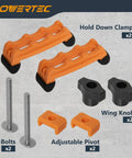 2 Pack Adjustable Mini Hold Down Clamps For T-Track Systems, Boss Level Clamp Action With Multi-Positionable U-Shape Design, Reinforced Plastic Bodies, And 1/4-20 Steel Bolts For Drill Press, Router Table, CNC Machine And More.