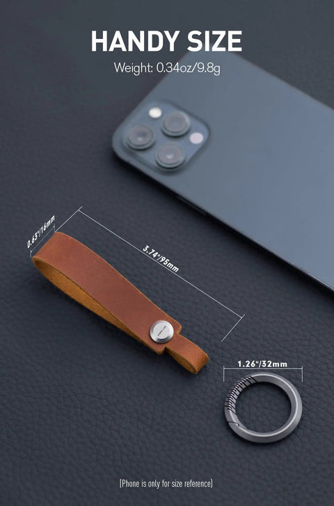 Top Shelf Crazy Horse Leather EDC Keychain Strap With Aerospace Titanium Key Ring For Car Keys, handy size with weight details.