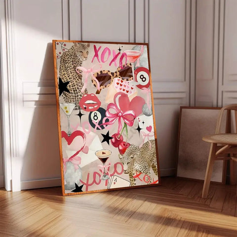 5D Diamond Art Kit For Adults Newbies With Tools Diamond Painting Set Girly Pink Bow And Cheetah Pattern Full Round Drill DIY Wall Decor Gift 12 By 16 Inch showing completed artwork leaning against a wall.