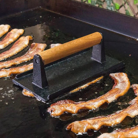 Outdoor Griddle Breakfast Prep Kit With Trigger Pancake Batter Dispenser Cast Iron Bacon Press on griddle with bacon