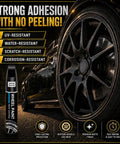 Gloss Black Rim Touch Up Paint And Wheel Scratch Repair Kit For Curb Rash Quick Dry Auto Wheel Refinisher, featuring matte black wheel with tire.