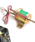 Heavy Duty Low Pressure Fuel Pump For Trucks And Cars 12 Volt showing gold body, wires, and mount for easy installation.