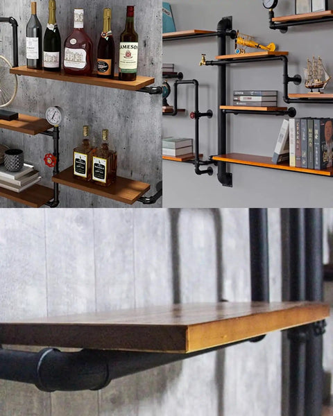 Industrial shelves made with Black 4 Way Cross Pipe Fitting Connector For Furniture And Decor, malleable iron, vintage style.