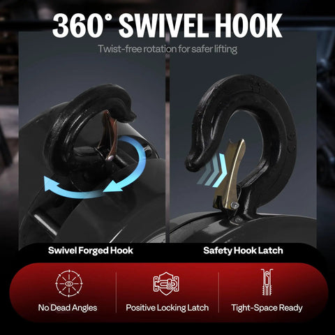 Hand Chain Hoist 1 Ton Capacity With 10 Ft Chain 2 Beefy Heavy Duty Hooks Manual Chain Fall 360° swivel hook detail