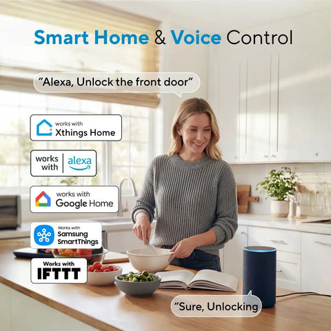 Woman using voice control in kitchen with U-Bolt Pro WiFi Smart Lock With Fingerprint ID Auto Unlock App Remote Control.