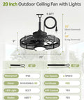 Diagram of 20 Inch Outdoor Ceiling Fan With Lights For Gazebos And Patios IP65 Waterproof Caged Ceiling Fan With Plug In Installation